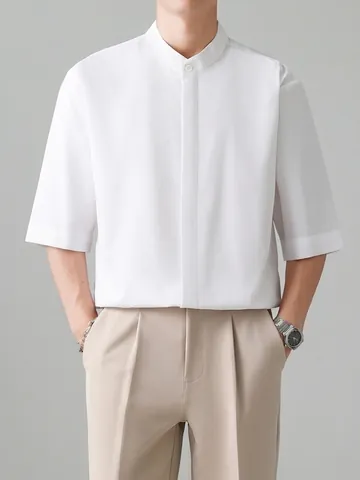 Camisa de Manga Corta para Hombre Cuello Mao Mezcla de Lino Corte Holgado Color Sólido Casual con Tapeta Oculta