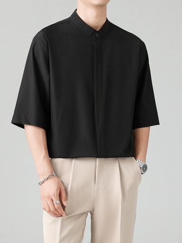 Camisa de Manga Corta para Hombre Cuello Mao Mezcla de Lino Corte Holgado Color Sólido Casual con Tapeta Oculta