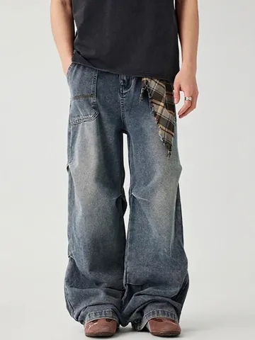Pantalon Jeans Denim Délavé American Retro High Street Homme Vintage Baggy Cargo Avec Détail Plissé Streetwear