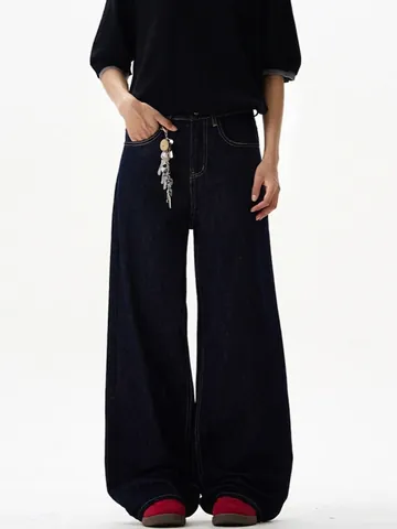 Herren High Waisted Wide Leg Jeans Amerikanischer High Street Style Raw Denim Hose Mit Kontrastnähten Retro Loose Fit Hose