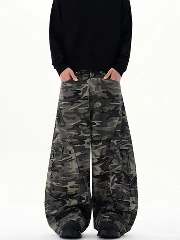Men's Baggy Camouflage Cargo Pants Multi Pocket Streetwear Cotton Blend Curved Leg Loose Casual Trousers For Men