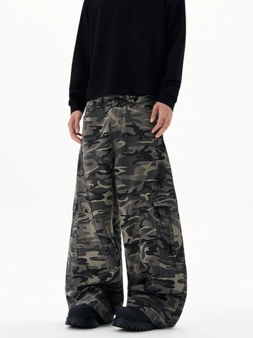 Men's Baggy Camouflage Cargo Pants Multi Pocket Streetwear Cotton Blend Curved Leg Loose Casual Trousers For Men