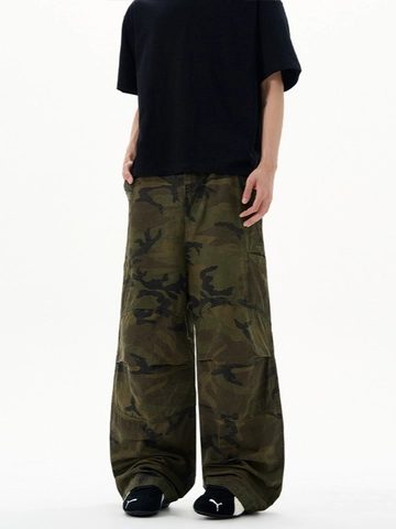 American High Street Camouflage Cargo Pants Men's Loose Baggy Wide Leg Outdoor Casual Trousers Camo Printed Cotton Pants