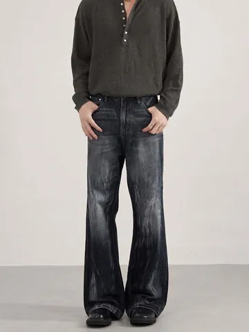 Jeans Homme Vintage Délavé Bleu Gris Jambe Large Pantalon Denim Effet Vieilli Retro Coupe Ample Droit Casual