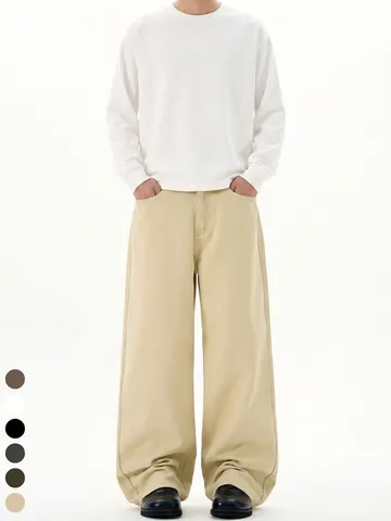 Men's Minimalist High Street Wide Leg Cotton Casual Pants Loose Straight Mop Trousers Retro Solid Color Fashion Pants