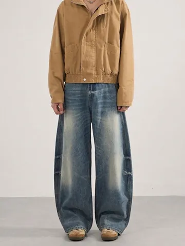 Vaqueros Anchos para Hombre Estilo Retro Americano Lavado Desgastado Corte Curvo Holgado Pantalones de Mezclilla Casual Diario Streetwear