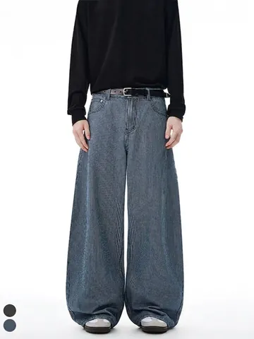 Vaqueros de Denim con Rayas Verticales Retro High Street para Hombre Ajuste Holgado Pierna Ancha Pantalones Banana Casual