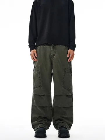 Men's Japanese Retro High Street Cargo Jeans Multi Pocket Spliced Pleated Straight Leg Cotton Denim Loose Pants