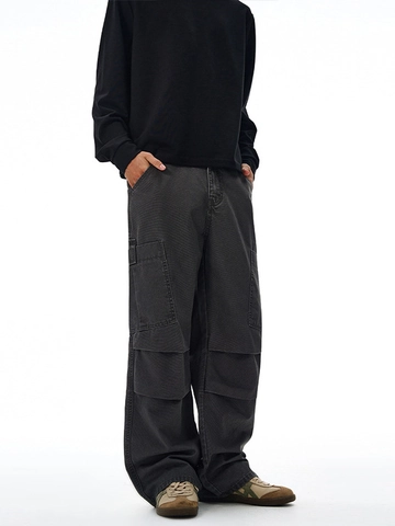Men's Japanese Retro High Street Cargo Jeans Multi Pocket Spliced Pleated Straight Leg Cotton Denim Loose Pants
