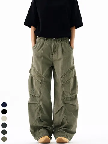 Vintage Washed Cotton Cargo Pants High Street Multi Pocket Loose Wide Leg Straight Trousers Casual Unisex Streetwear Bottoms