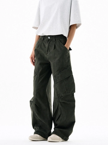 Vintage Washed Cotton Cargo Pants High Street Multi Pocket Loose Wide Leg Straight Trousers Casual Unisex Streetwear Bottoms