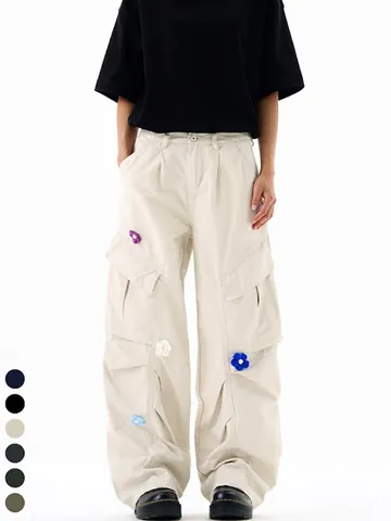 Pantalones Cargo para Hombre High Street Sueltos Baggy Pierna Recta Múltiples Bolsillos Pantalones Flor Bordada 3D Algodón Casual Streetwear