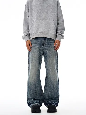 Herren Vintage Washed Wide Leg Jeans Distressed Retro American Streetwear Flare Denim Hose Lockerer Schnitt Casual Blau