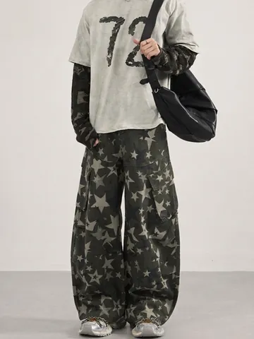 Jeans Cargo da Uomo High Street con Stampa a Stelle Gamba Larga Streetwear Pantaloni in Denim di Cotone Vintage per Uomo