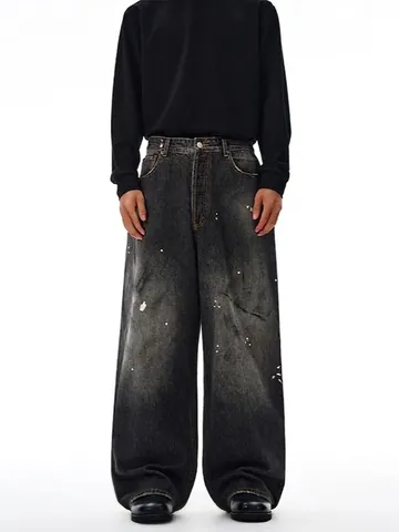 Vaqueros Denim Gris Negro Lavado Retro High Street Para Hombre Pantalones Rectos Pierna Ancha Con Diseño Salpicaduras de Pintura