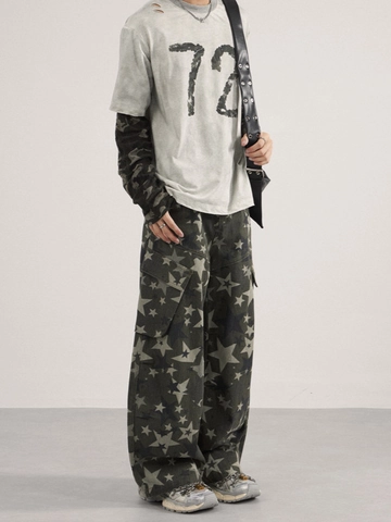 Jeans Cargo da Uomo High Street con Stampa a Stelle Gamba Larga Streetwear Pantaloni in Denim di Cotone Vintage per Uomo