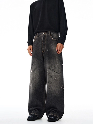 Vaqueros Denim Gris Negro Lavado Retro High Street Para Hombre Pantalones Rectos Pierna Ancha Con Diseño Salpicaduras de Pintura