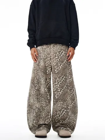 Herren Retro Leopard-Print Jeans Mit Weitem Bein Gewaschene Oversized Denim Hose Hip Hop Streetwear Lockere Baggy Hose
