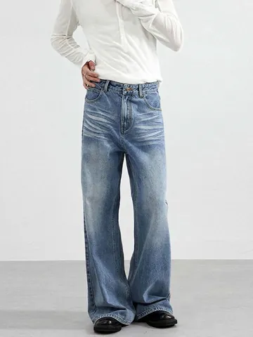 Uomo American Vintage High Street Retro Blu Jeans Lavato Baffi Gamba Larga Allentato Dritto Denim Pantaloni Casual Moda