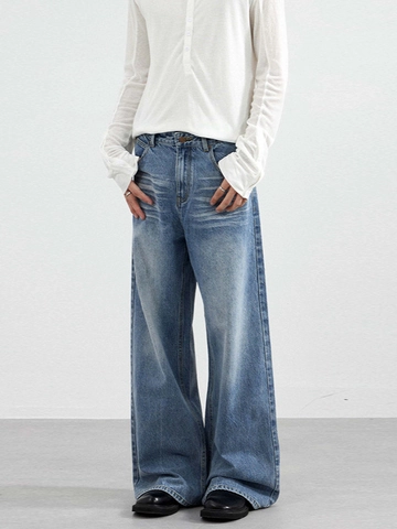 Uomo American Vintage High Street Retro Blu Jeans Lavato Baffi Gamba Larga Allentato Dritto Denim Pantaloni Casual Moda