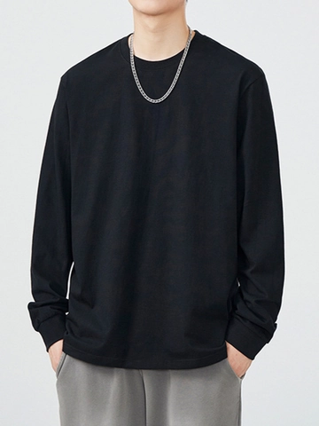 Heren Minimalistisch Puur Katoen T-shirt met Lange Mouwen Casual Losse Ronde Hals Effen Kleur Basis Top Herfst Winter Basic Tee