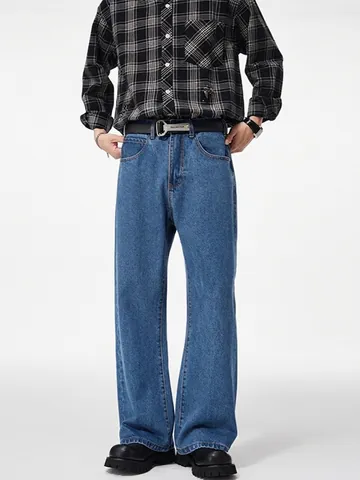 Herren Baggy Wide Leg Jeans Retro Washed Denim Hose Locker Mikro-Flare Gerade Lässige Streetwear Hose Tiefblau
