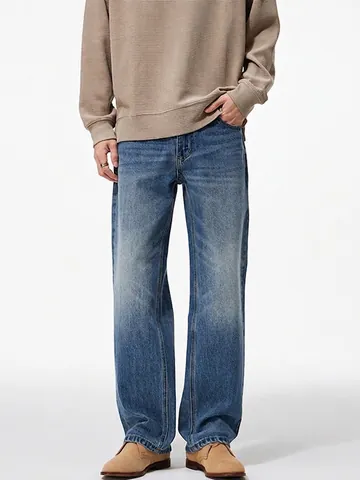 Uomo Jeans Gamba Larga Dritta Lavata Blu Casual Retro Larghi Pantaloni Denim Tinta Unita Moda Streetwear per Uomo
