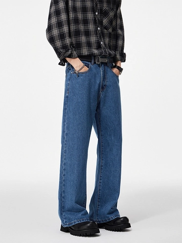 Herren Baggy Wide Leg Jeans Retro Washed Denim Hose Locker Mikro-Flare Gerade Lässige Streetwear Hose Tiefblau