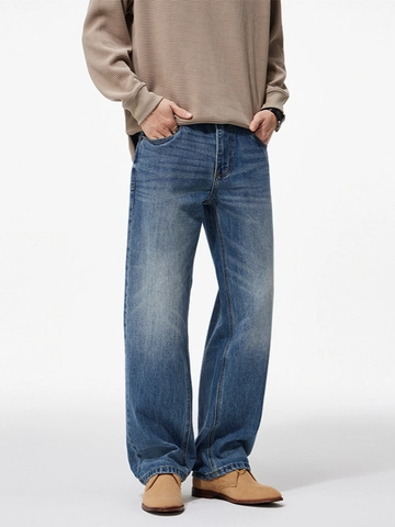 Uomo Jeans Gamba Larga Dritta Lavata Blu Casual Retro Larghi Pantaloni Denim Tinta Unita Moda Streetwear per Uomo