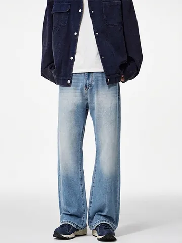 Jeans Homme American Vintage Bleu Clair Lavé Micro Évasé Ample Jambe Large Cleanfit Pantalons Denim Effet Usé Streetwear