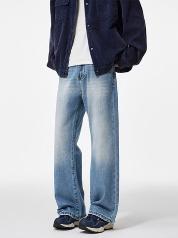 Jeans Homme American Vintage Bleu Clair Lavé Micro Évasé Ample Jambe Large Cleanfit Pantalons Denim Effet Usé Streetwear