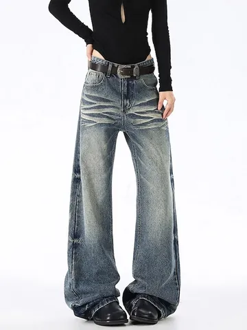 Jean Évasé Bleu Rétro pour Homme Délavé Usé Effet Moustache Pantalon en Denim Jambe Large Streetwear Vintage Slim Fit