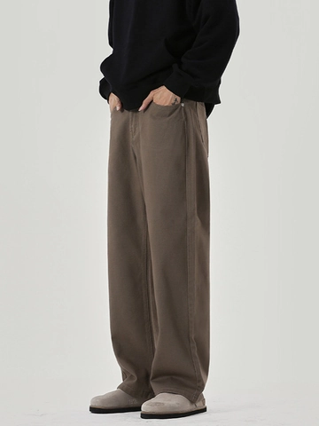 American High Street Men Wide Leg Fleece Lined Jeans Maillard Retro Loose Straight Denim Pants Winter Thick Warm Trousers