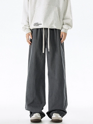 Men American Streetwear Retro Oversize 100% Cotton Wide Leg Casual Pants Loose Straight Trousers With Elastic Drawstring Waist