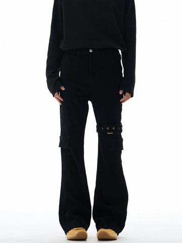 Men American Streetwear Black Vibe Strap Micro-flare Cargo Jeans Cleanfit Slim Fit Denim Pants Washed Multi-pocket Straight Leg Trouser