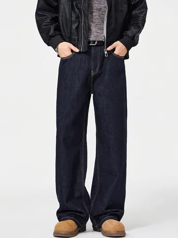 Herren Lockere Gerade Jeans American High Street Vibe Denim Hose Retro Kontrastnähte Gewaschen Lässig Lange Hose