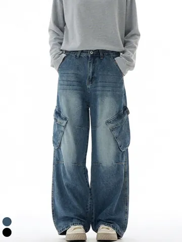 Men American High Street Cargo Denim Jeans Distressed Multi Pockets Straight Wide Leg Hip Hop Streetwear Casual Cotton Trousers