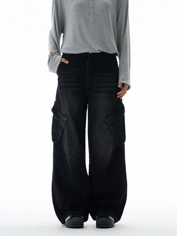Men American High Street Cargo Denim Jeans Distressed Multi Pockets Straight Wide Leg Hip Hop Streetwear Casual Cotton Trousers
