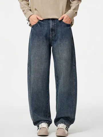 Heren Vintage Washed Wide Leg Jeans Losse Rechte Katoenen Denim Broek Amerikaanse Stijl Baggy Casual Broek voor Mannen