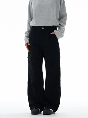 Pantaloni Cargo Uomo Lavaggio Vintage Multi-Tasca Gamba Larga Casual Dritti High Street Cotone Con Cintura Stile Neutro