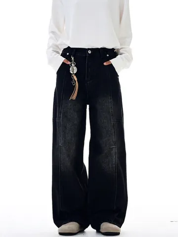 Heren American High Street Vintage Gewassen Distressed Wide Leg Jeans Loose Straight Katoen Denim Broek Streetwear Jeugd
