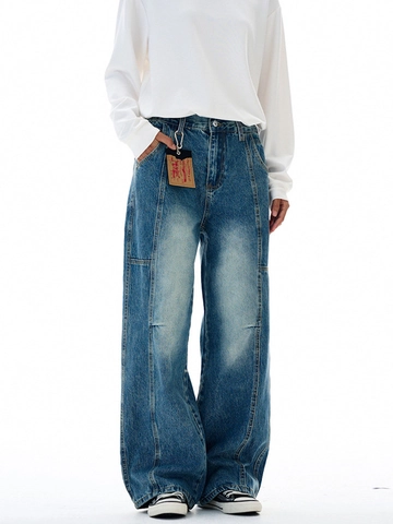 Heren American High Street Vintage Gewassen Distressed Wide Leg Jeans Loose Straight Katoen Denim Broek Streetwear Jeugd