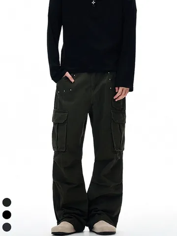 Herren Baumwolle Cargohose Mit Mehreren Taschen Retro Amerikanischer Street Style Gerade Weites Bein Hose Mit Metallnieten