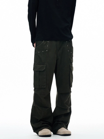 Herren Baumwolle Cargohose Mit Mehreren Taschen Retro Amerikanischer Street Style Gerade Weites Bein Hose Mit Metallnieten