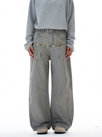 American High Street Men Wide Leg Jeans Floral Embroidery Retro Washed Cotton Cargo Pants Loose Straight Denim Trousers