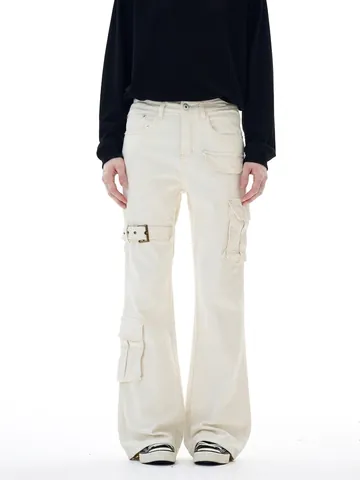 Jeans Cargo Évasés Homme Cleanfit High Street Avec Sangle à Boucle Multi Poches Pantalon en Denim de Coton Quotidien