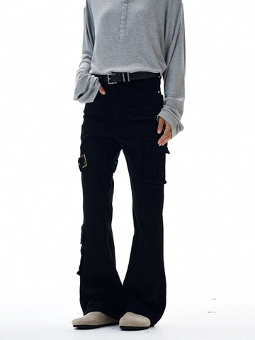 Jeans Cargo Évasés Homme Cleanfit High Street Avec Sangle à Boucle Multi Poches Pantalon en Denim de Coton Quotidien