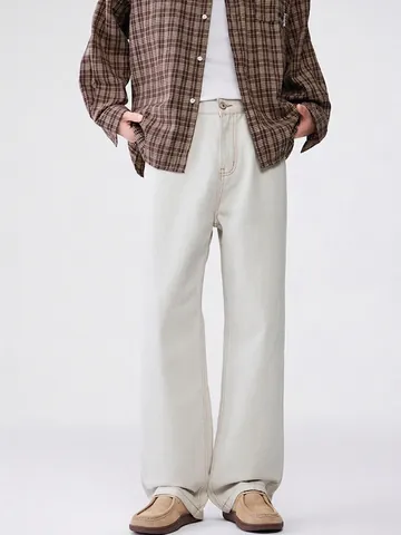 Pantalones Denim Hombre Retro Holgados Pata Ancha Costuras Contraste Albaricoque Casual Recto Vaqueros Algodón Streetwear Para Uso Diario