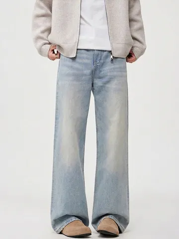 Vaqueros Lavados Azul Claro para Hombre Pierna Ancha Recta Pantalones de Mezclilla Retro Estilo Americano Casual para Adolescentes