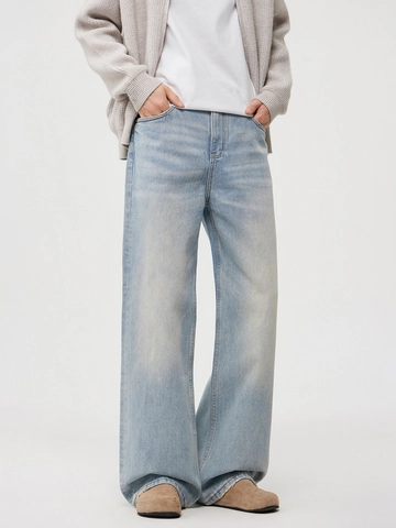 Vaqueros Lavados Azul Claro para Hombre Pierna Ancha Recta Pantalones de Mezclilla Retro Estilo Americano Casual para Adolescentes